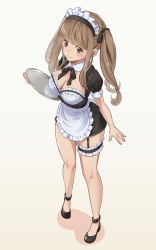 Rule 34 | 1girl, apron, blush, breasts, brown hair, detached collar, dress, frilled apron, frills, full body, garter straps, hair ribbon, holding, holding tray, bridal garter, long hair, maid, maid headdress, makuri, medium breasts, neck ribbon, original, pigeon-toed, puffy short sleeves, puffy sleeves, red eyes, ribbon, shoes, short dress, short sleeves, sidelocks, simple background, smile, solo, standing, tray, twintails