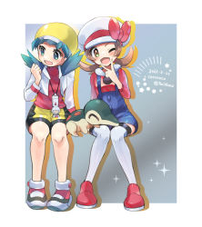 Rule 34 | 2girls, artist name, blue overalls, border, bow, brown eyes, brown hair, cabbie hat, cocoloco, commentary request, covered collarbone, creatures (company), cropped jacket, cyndaquil, dated, eyelashes, game freak, gen 2 pokemon, green eyes, green hair, hat, hat bow, invisible chair, jacket, knees, kris (pokemon), long hair, lower teeth only, lyra (pokemon), multiple girls, nintendo, open mouth, overalls, pokemon, pokemon (creature), pokemon gsc, pokemon hgss, red bow, red footwear, red shirt, shiny skin, shirt, shoes, sitting, sparkle, star (symbol), teeth, thighhighs, tongue, twintails, twitter username, white border, white headwear, white jacket, white legwear, yellow headwear