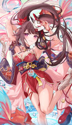 Rule 34 | 1girl, absurdres, arm behind head, armpits, arms up, bare shoulders, barefoot, breasts, brown hair, cleavage, closed mouth, detached sleeves, dress, feet, floating hair, foot out of frame, foot up, fox mask, highres, holding, holding mask, honkai: star rail, honkai (series), knees together feet apart, large breasts, mask, mask on head, minausa, nail polish, pelvic curtain, pink eyes, red dress, red sleeves, short dress, short sleeves, sidelocks, sleeveless, sleeveless dress, smile, solo, sparkle (honkai: star rail), thighs, toenail polish, toenails, toes, twintails