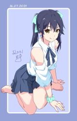 Rule 34 | 1girl, black hair, blouse, blue background, bow, bowtie, collared shirt, dated, detached sleeves, green ribbon, hair ribbon, kneeling, long hair, looking at viewer, nii manabu, original, ribbon, scrunchie, shirt, signature, simple background, skirt, solo, twintails, wrist scrunchie, yellow eyes