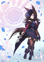 Rule 34 | 1girl, animal ears, black footwear, brown hair, brown thighhighs, closed mouth, dress, full body, hair over one eye, hand up, highres, holding, holding sword, holding weapon, horse ears, horse girl, horse tail, kotatsu (g-rough), long hair, long sleeves, off-shoulder dress, off shoulder, one eye covered, pink eyes, rice shower (umamusume), scabbard, sheath, shoes, short sword, signature, solo, sword, tail, thighhighs, umamusume, weapon