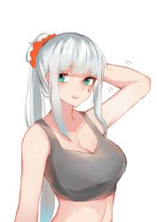 Rule 34 | 1girl, arm behind head, arm up, bare arms, bare shoulders, breasts, cleavage, collarbone, commentary request, crop top, facial mark, girls&#039; frontline, green eyes, grey tank top, hair ornament, hair scrunchie, high ponytail, hk416 (girls&#039; frontline), inniyik, long hair, looking at viewer, medium breasts, orange scrunchie, ponytail, scrunchie, sidelocks, silver hair, simple background, solo, sweat, tank top, upper body, very long hair, white background