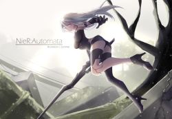 Rule 34 | 1girl, android, arm at side, armlet, artist name, bad id, bad pixiv id, bare shoulders, bare tree, black footwear, black gloves, black shorts, black thighhighs, blue eyes, boots, breasts, closed mouth, cloud, cloudy sky, collarbone, commentary, copyright name, day, elbow gloves, from side, full body, gloves, hair between eyes, hand up, high heel boots, high heels, highleg shorts, holding, holding sword, holding weapon, joints, leg up, legs apart, light particles, long hair, looking at viewer, looking to the side, medium breasts, midair, moss, nier:automata, nier (series), no mole, outdoors, pod (nier:automata), robot joints, ruins, shirt, shoes, short shorts, shorts, silver hair, single thigh boot, skin tight, sky, sleeveless, solo, somnia, sword, tank top, taut clothes, taut shirt, thigh boots, thighhighs, tree, weapon, a2 (nier:automata)