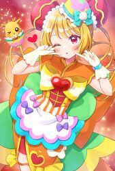 Rule 34 | 1girl, absurdres, apron, back bow, blonde hair, blush, bow, brooch, bun cover, china dress, chinese clothes, commentary, cowboy shot, cure yum-yum, delicious party precure, dress, gloves, hair bun, hanamichi ran, heart, heart brooch, highres, hiiragi syuu, huge bow, jewelry, light particles, long hair, looking at viewer, magical girl, mem-mem (precure), one eye closed, orange bow, orange dress, parted lips, pointing, pointing at self, precure, red eyes, short dress, sleeveless, sleeveless dress, solo, standing, triple bun, waist apron, white gloves, white stripes, yellow bow