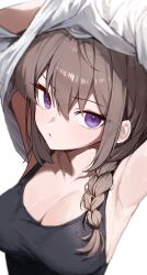 Rule 34 | 1girl, :t, absurdres, armpits, arms up, bare shoulders, black shirt, blurry, braid, breasts, brown hair, check copyright, cleavage, copyright request, depth of field, gnns, hair over shoulder, highres, long hair, looking at viewer, medium breasts, original, pout, purple eyes, shirt, simple background, single braid, sleeveless, sleeveless shirt, solo, undressing, upper body, v-shaped eyebrows, white background, white shirt