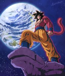 Rule 34 | 1boy, abs, absurdres, black hair, body fur, closed mouth, dragon ball, dragon ball gt, earth (planet), eegiiartto, from below, highres, large pectorals, looking down, male focus, monkey boy, monkey tail, muscular, muscular male, pants, pectorals, pink fur, planet, smirk, solo, son goku, space, spiked hair, standing, super saiyan, super saiyan 4, tail, topless male, yellow eyes, yellow pants