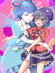 Rule 34 | 2girls, 39 maru, between fingers, black eyes, black ribbon, blue dress, blue eyes, blue hair, blush, breasts, cabbie hat, chinese clothes, collaboration, collared vest, commentary request, dress, drill hair, drill sidelocks, fang, feet out of frame, flower, grey hair, hagoromo, hair between eyes, hair ornament, hair rings, hair stick, hand on another&#039;s head, hat, hat ornament, heart, highres, jiangshi, kaku seiga, lace-trimmed sleeves, lace trim, long bangs, looking at another, looking at viewer, medium bangs, medium breasts, medium hair, miyako yoshika, multiple girls, neck ribbon, ofuda, ofuda between fingers, open clothes, open mouth, open vest, outstretched arms, pink background, puffy short sleeves, puffy sleeves, purple flower, purple headwear, purple skirt, red pupils, red shirt, ribbon, sakayama kun, shawl, shirt, short hair, short sleeves, sidelocks, skirt, smile, star (symbol), star hat ornament, tangzhuang, touhou, vest, zombie pose