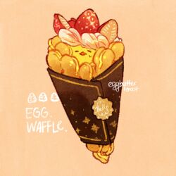 Rule 34 | animal focus, artist name, beak, bird, chick, closed eyes, commentary, english commentary, english text, food, food focus, fruit, ice cream, ice cream cone, nao (bestrollever), no humans, orange background, original, simple background, strawberry, strawberry slice, sweatdrop, waffle cone