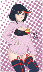 Rule 34 | 10s, 1girl, black footwear, black hair, black thighhighs, blue eyes, blush, boots, breasts, call me po, callmepo, cleavage, cleavage cutout, clothing cutout, cowboy shot, halftone, hand on own hip, hand on thigh, kill la kill, light smile, matoi ryuuko, meme attire, multicolored hair, no pants, nose, open-chest sweater, panties, pantyshot, polka dot, polka dot background, ribbed sweater, senketsu, solo, standing, streaked hair, sweater, thigh boots, thighhighs, turtleneck, underwear, white panties