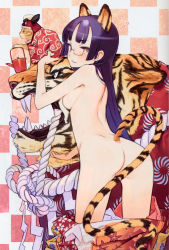 Rule 34 | 1girl, absurdres, animal ears, arched back, artist request, ass, blue hair, blunt bangs, breasts, brown eyes, censored, checkered background, convenient censoring, glasses, highres, kuroboshi kouhaku, long hair, looking at viewer, looking back, nude, original, parted lips, scan, sideboob, slit pupils, tail, tiger, tiger ears, tiger tail