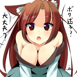 Rule 34 | 1girl, :o, animal ears, bare shoulders, breasts, brown hair, cleavage, fang, highres, imaizumi kagerou, large breasts, long hair, looking at viewer, miton (turuyasann), open mouth, red eyes, simple background, solo, touhou, translation request, typo, white background, wolf ears