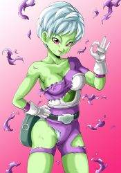 Rule 34 | 1girl, armor, bare arms, bare shoulders, belt, bike shorts, breasts, broken armor, cheelai, cleavage, clenched hand, clothes lift, collarbone, colored skin, commentary request, cowboy shot, dirty, dirty clothes, dirty face, dragon ball, dragon ball super, dragon ball super broly, eyelashes, fanny pack, gloves, gradient background, green skin, hand on own hip, hand up, highres, looking at viewer, medium breasts, ok sign, panties, parted lips, pink background, pink hair, purple legwear, shaded face, shirt, short hair, simple background, solo, standing, teeth, thighs, torn clothes, torn legwear, torn shirt, underwear, very short hair, white background, white gloves, white hair, white panties, wind, wind lift, young jijii