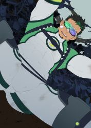 Rule 34 | 1boy, absurdres, arms up, ass, bara, black hair, bodysuit, bulge, covered abs, covered navel, dark-skinned male, dark skin, facial hair, flat color, glasses, goatee, green hair, grey bodysuit, highres, kyoichi (live a hero), large pectorals, live a hero, male focus, masayoshi togashi (alu379), multicolored hair, muscular, pectorals, short hair, sideburns, skin tight, solo, spread legs, streaked hair, thick thighs, thighs, two-tone hair