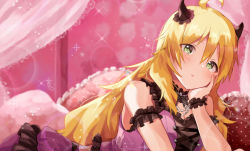 Rule 34 | 1girl, ahoge, bare shoulders, blonde hair, blush, breasts, commentary request, dress, green eyes, hair between eyes, horns, hoshii miki, idolmaster, idolmaster (classic), idolmaster million live!, idolmaster million live! theater days, long hair, looking at viewer, lying, medium breasts, meno (imas ll), pillow, pink dress, solo