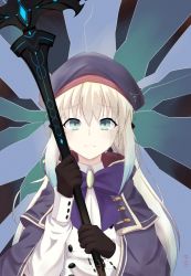Rule 34 | 1girl, absurdres, artist request, artoria caster (fate), artoria caster (fate) (cosplay), artoria caster (second ascension) (fate), artoria pendragon (fate), belt, blue belt, blue cape, blue capelet, blue hair, cape, capelet, colored tips, cosplay, crying, crying with eyes open, fate/grand order, fate (series), green eyes, highres, holding, holding staff, long hair, morgan le fay (fate), multicolored hair, o-ring, o-ring belt, platinum blonde hair, solo, staff, striped belt, tears, aesc (fate), two-tone hair, wavy mouth