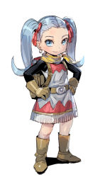 Rule 34 | 1girl, belt, blue eyes, blush, boots, bow (bhp), brown footwear, brown gloves, closed mouth, dragon quest, dragon quest builders 2, dress, earrings, female builder (dqb2), full body, gloves, grey hair, hair ribbon, hands on own hips, jewelry, looking at viewer, red ribbon, ribbon, simple background, smile, solo, twintails, white background