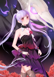 Rule 34 | 1girl, absurdres, bare shoulders, black dress, black thighhighs, breasts, caing zhihuang, dark background, detached collar, dragon, dress, flower, hand on own hip, highres, long hair, looking at viewer, purple dress, red eyes, silver hair, small breasts, solo, thighhighs, torn clothes, torn thighhighs, twintails, very long hair