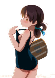 Rule 34 | 1girl, ass, blue one-piece swimsuit, blue ribbon, brown eyes, brown hair, clothes pull, cowboy shot, folded ponytail, from behind, hair ribbon, kantai collection, kasuga maru (kancolle), long hair, looking at viewer, official alternate costume, one-hour drawing challenge, one-piece swimsuit, one-piece swimsuit pull, profile, ray.s, ribbon, school swimsuit, simple background, solo, swept bangs, swimsuit, white background