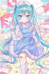 Rule 34 | 1girl, :p, absurdres, apron, bandaid, bandaid on knee, bandaid on leg, blood, blood bag, blue apron, blue eyes, blue hair, blush, bottle, box, buttons, clipboard, closed mouth, collared shirt, feet out of frame, gloves, hair between eyes, hat, hatsune miku, highres, holding, holding syringe, knee up, kneehighs, long hair, long sleeves, looking at viewer, name tag, noneon319, nurse cap, oversized object, petticoat, pill, pleated skirt, raised eyebrows, shirt, sidelocks, skirt, smile, socks, solo, syringe, tongue, tongue out, twintails, very long hair, vocaloid, white gloves, white shirt, white skirt, white socks