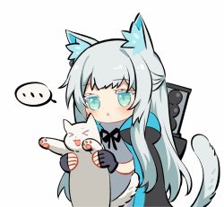 Rule 34 | &gt; &lt;, ..., 1girl, animal, animal ear fluff, animal ears, arknights, backpack, bag, black gloves, blue eyes, blush, bow, cat, cat ears, cat girl, cat tail, chibi, colored eyelashes, commentary, dress, fingerless gloves, gloves, grey dress, grey hair, holding, holding animal, holding cat, long hair, rosmontis (arknights), simple background, solo, spacelongcat, spoken ellipsis, tail, triangle mouth, upper body, white background