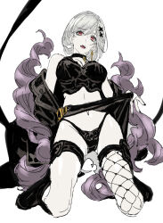 Rule 34 | 1girl, alter ego malevolent (granblue fantasy), black footwear, black jacket, black panties, black shirt, black skirt, boots, breasts, choker, clothes lift, crop top, djeeta (granblue fantasy), earrings, feather boa, fishnet thighhighs, fishnets, granblue fantasy, grey hair, groin, hair ornament, highleg, highleg panties, highres, jacket, jewelry, kneeling, lifting own clothes, medium breasts, navel, nobita (makoto7060355), off shoulder, open mouth, panties, red eyes, shirt, short hair, single earring, single thighhigh, skirt, skirt lift, sleeveless, sleeveless shirt, solo, thigh strap, thighhighs, underwear, white background, x hair ornament