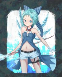 Rule 34 | 1girl, adapted costume, aqua eyes, aqua hair, bare shoulders, blue bow, bow, bowtie, breasts, buckle, chemicals, cirno, closed mouth, commentary request, dress, eyelashes, forehead, gloves, groin, hair bow, halter dress, halterneck, holding, holding staff, ice, ice wings, light smile, looking at viewer, navel, parted bangs, pouch, red bow, red bowtie, roke (taikodon), short hair, short shorts, shorts, single glove, small breasts, solo, staff, standing, stomach, striped, striped bow, test tube, thigh pouch, thigh strap, touhou, white gloves, white shorts, wings