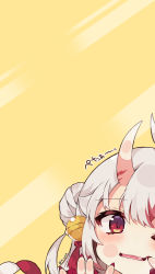 Rule 34 | 1girl, ahoge, bell, brown background, commentary request, double bun, fang, fingernails, grey hair, hair bell, hair bun, hair ornament, highres, hololive, horns, jingle bell, long fingernails, multicolored hair, muuran, nail polish, nakiri ayame, nakiri ayame (1st costume), oni, parted lips, red eyes, red hair, red nails, sharp fingernails, skin-covered horns, solo, streaked hair, translation request, virtual youtuber
