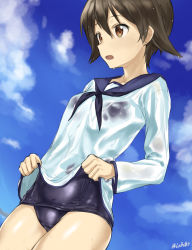 Rule 34 | 1girl, black neckerchief, blue one-piece swimsuit, blue sailor collar, blue sky, brown eyes, brown hair, clothes lift, cloud, day, fankupl, highres, lifted by self, miyafuji yoshika, neckerchief, no pants, one-piece swimsuit, outdoors, sailor collar, sailor shirt, school swimsuit, school uniform, see-through, shirt, shirt lift, sky, solo, strike witches, swimsuit, wet, wet clothes, wet swimsuit, world witches series