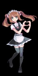 Rule 34 | 1girl, apron, black dress, bow, brown hair, dress, green eyes, heart, heart hands, high heels, idolmaster, idolmaster side-m, looking at viewer, lowres, maid, maid apron, maid headdress, mizushima saki, naname (fossama1), pink bow, pixel art, shirt, simple background, smile, solo, standing, standing on one leg, thighhighs, transparent background, twintails, white shirt, zettai ryouiki
