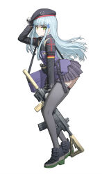 Rule 34 | 1girl, absurdres, assault rifle, bag, beret, black gloves, black thighhighs, blood, bloody tears, blue hair, breasts, cheogtanbyeong, closed mouth, cross, facial mark, flashlight, german flag, girls&#039; frontline, gloves, green eyes, gun, h&amp;k hk416, hand up, hat, highres, hk416 (girls&#039; frontline), long hair, long sleeves, looking at viewer, magazine (weapon), plaid, plaid skirt, rifle, simple background, skirt, small breasts, solo, suppressor, teardrop facial mark, thighhighs, two-tone gloves, weapon, wedge heels, white background, white gloves