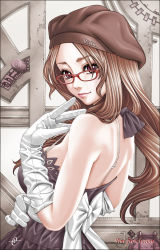 Rule 34 | 1girl, breasts, brown eyes, brown hair, brown hat, closed mouth, dress, from behind, glasses, gloves, grey dress, hand up, hat, highres, large breasts, long hair, looking at viewer, looking back, original, red-framed eyewear, seto yuuki, smile, solo, upper body, watermark, web address, white gloves
