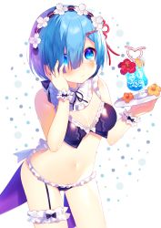 Rule 34 | 10s, 1girl, adapted costume, bad id, bad pixiv id, bendy straw, bikini, black bikini, black bow, black ribbon, blue eyes, blue hair, blush, bow, breasts, bridal garter, closed mouth, cocktail glass, cowboy shot, crazy straw, cup, drink, drinking glass, drinking straw, flower, food, frilled bikini, frills, frown, fruit, hair ornament, hair over one eye, hairband, hairclip, hand on own cheek, hand on own face, heart straw, hibiscus, highres, holding, holding tray, ice, ice cube, mafuyu (chibi21), maid, maid bikini, matching hair/eyes, medium breasts, navel, neck ribbon, orange (fruit), orange flower, orange slice, re:zero kara hajimeru isekai seikatsu, red flower, rem (re:zero), ribbon, shiny clothes, short hair, solo, stomach, swimsuit, tray, unconventional maid, waitress, white background, white bow, who?, wrist cuffs, x hair ornament, yellow flower