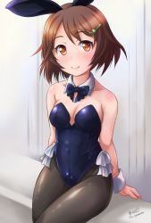 Rule 34 | 10s, 1girl, animal ears, bad id, bad twitter id, black pantyhose, blue bow, blue bowtie, blue leotard, bow, bowtie, brave witches, brown eyes, brown hair, cowboy shot, detached collar, fake animal ears, hair ornament, hairclip, haruhata mutsuki, karibuchi hikari, leotard, looking at viewer, pantyhose, playboy bunny, rabbit ears, rabbit tail, short hair, signature, smile, solo, strapless, strapless leotard, tail, twitter username, world witches series, wrist cuffs