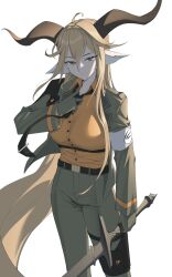 Rule 34 | 1girl, :/, adjusting clothes, adjusting necktie, ahoge, animal ears, arknights, armband, backlighting, belt, black belt, black necktie, blonde hair, breasts, bright pupils, brown horns, buttons, closed mouth, collared shirt, cowboy shot, degenbrecher (arknights), dress shirt, expressionless, gloves, goat ears, goat girl, goat horns, green gloves, green jacket, green pants, hair between eyes, hand up, highres, holding, holding sword, holding weapon, horns, jacket, lapels, large breasts, long bangs, long hair, long sleeves, looking at viewer, military jacket, necktie, open clothes, open collar, open jacket, orange shirt, pants, shirt, sidelocks, siguya, simple background, solo, standing, sword, thigh strap, tie clip, untying, very long hair, weapon, white background, white pupils, wind, yellow eyes