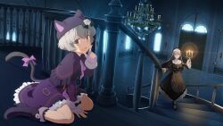 2girls animal_hat black_dress black_footwear black_veil boots breasts candelabra candlestand capelet cat_hat cat_tail chandelier dress fake_tail frilled_dress frills game_cg grey_hair hat high_heel_boots high_heels holding index_finger_raised indoors iwakura_sanae kitora_mirja knee_boots long_hair long_sleeves looking_at_viewer medium_breasts multiple_girls non-web_source official_art on_ground open_mouth purple_capelet purple_dress purple_footwear purple_hat ribbon short_hair sitting smile stairs standing tail toji_no_miko toji_no_miko:_kizamishi_issen_no_tomoshibi veil walking wariza