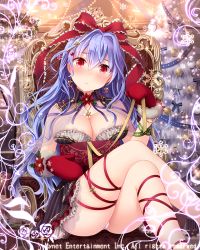 Rule 34 | 1girl, blush, bow, breasts, chair, christmas, cleavage, crossed legs, falkyrie no monshou, hair bow, large breasts, light purple hair, long hair, looking at viewer, mittens, natsumekinoko, official art, panties, pantyshot, red bow, red eyes, red mittens, red ribbon, ribbon, sitting, solo, underwear, white panties