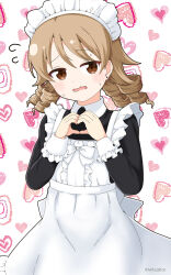 Rule 34 | 1girl, alternate costume, apron, black dress, brown eyes, brown hair, collared dress, commentary request, dress, earrings, enmaided, flying sweatdrops, frilled apron, frills, hands up, heart, heart background, heart hands, highres, idolmaster, idolmaster cinderella girls, jewelry, long hair, long sleeves, maid, maid apron, maid headdress, mitya, morikubo nono, parted lips, ringlets, simple background, solo, stud earrings, sweat, wavy mouth, white apron, white background