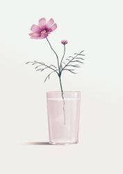 Rule 34 | commentary request, flower, flower request, glass, grey background, highres, leaf, mituura, no humans, original, pink flower, plant, potted plant, simple background, still life, water