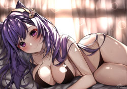 Rule 34 | 1girl, backlighting, bare arms, bare shoulders, bikini, black bikini, blush, breasts, cleavage, closed mouth, collarbone, cone hair bun, curtains, double bun, genshin impact, hair bun, hair ornament, indoors, keqing (genshin impact), large breasts, long hair, looking at viewer, one side up, pillow, purple eyes, purple hair, revision, signature, smile, solo, sweat, swimsuit, twitter username, very long hair, window, yeooudam