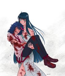 Rule 34 | 10s, 2girls, blood, blood on clothes, bloody clothes, bloody dress, blue eyes, carrying, denim, dress, herokick, highres, injury, jeans, kill la kill, kiryuuin satsuki, matoi ryuuko, messy hair, multicolored hair, multiple girls, necktie, one eye closed, pants, smile, streaked hair, suspenders, torn clothes