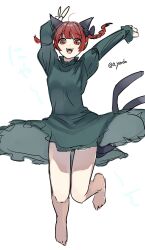 Rule 34 | 1girl, :d, absurdres, ahoge, animal ears, arms up, bare legs, barefoot, black bow, blunt bangs, bow, braid, breasts, cat ears, cat tail, dress, fangs, floating hair, full body, green dress, hair bow, hair ribbon, happy, highres, juliet sleeves, jumping, kaenbyou rin, long sleeves, medium hair, nekomata, open mouth, puffy sleeves, red eyes, red hair, ribbon, simple background, small breasts, smile, solo, standing, standing on one leg, tail, teeth, touhou, tress ribbon, twin braids, upper teeth only, v, white background, yadoyuki