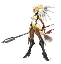 Rule 34 | 1girl, absurdres, blonde hair, blue eyes, breasts, full body, halo, high heels, highres, long hair, mechanical halo, mechanical wings, mercy (overwatch), overwatch, overwatch 1, parted lips, ponytail, puffeyes, simple background, solo, staff, standing, white background, wings