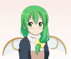 Rule 34 | 1girl, alternate costume, bow, cato (monocatienus), commentary request, daiyousei, fairy wings, green eyes, green hair, hair between eyes, hair bow, hair over shoulder, long hair, looking at viewer, ribbed sweater, simple background, smile, solo, split mouth, sweater, touhou, turtleneck, turtleneck sweater, upper body, wings, yellow bow