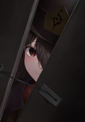Rule 34 | 1girl, absurdres, black hat, blush, brown hair, chain, chinese clothes, closed mouth, empty eyes, genshin impact, hair between eyes, hat, highres, horror (theme), hu tao (genshin impact), looking at viewer, open door, peeking out, rapi (zx4748), red eyes, smile, solo, top hat, yandere
