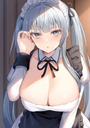 Rule 34 | 1girl, :o, alexmaster, apron, aqua eyes, black apron, black ribbon, blunt bangs, blush, breasts, collarbone, detached collar, dress, hand up, highres, indoors, juliet sleeves, large breasts, long hair, long sleeves, looking at viewer, maid, maid headdress, neck ribbon, original, parted lips, puffy sleeves, ribbon, sidelocks, solo, twintails, upper body, white dress