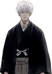 1boy blue_eyes commentary_request cowboy_shot gojou_satoru japanese_clothes jujutsu_kaisen long_sleeves looking_at_viewer male_focus nori20170709 parted_lips short_hair simple_background solo white_background white_hair