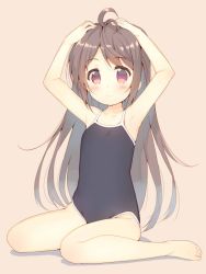 Rule 34 | 1girl, ahoge, armpits, arms up, barefoot, blush, brown eyes, brown hair, competition school swimsuit, hands on own head, long hair, meito (maze), one-piece swimsuit, original, school swimsuit, sitting, smile, solo, swimsuit