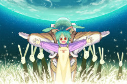 Rule 34 | 1girl, \o/, animal ears, apron, arms up, blue hair, rabbit, cloud, fang, grass, highres, moon rabbit, night, original, outstretched arms, planet, red eyes, sky, smile, spacesuit, star (sky), star (symbol), starry sky, tottori