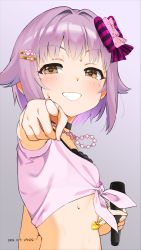 Rule 34 | 1girl, bow, brown eyes, choker, commentary request, grey background, grin, hair bow, hair flaps, hair ornament, hairclip, highres, holding, holding microphone, idolmaster, idolmaster cinderella girls, jewelry, koshimizu sachiko, looking at viewer, microphone, mokyutan, necklace, pointing, purple hair, purple shirt, see-through, shirt, short hair, smile, solo, sweat, upper body