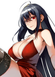 Rule 34 | 1girl, ahoge, azur lane, bad id, bad pixiv id, bare shoulders, belko, black hair, black thighhighs, blush, breasts, choker, cleavage, cocktail dress, collarbone, commentary request, dress, hair between eyes, hair ornament, highres, huge breasts, long hair, looking at viewer, official alternate costume, red choker, red dress, red eyes, simple background, smile, solo, taihou (azur lane), taihou (forbidden feast) (azur lane), thighhighs, thighs, very long hair, white background